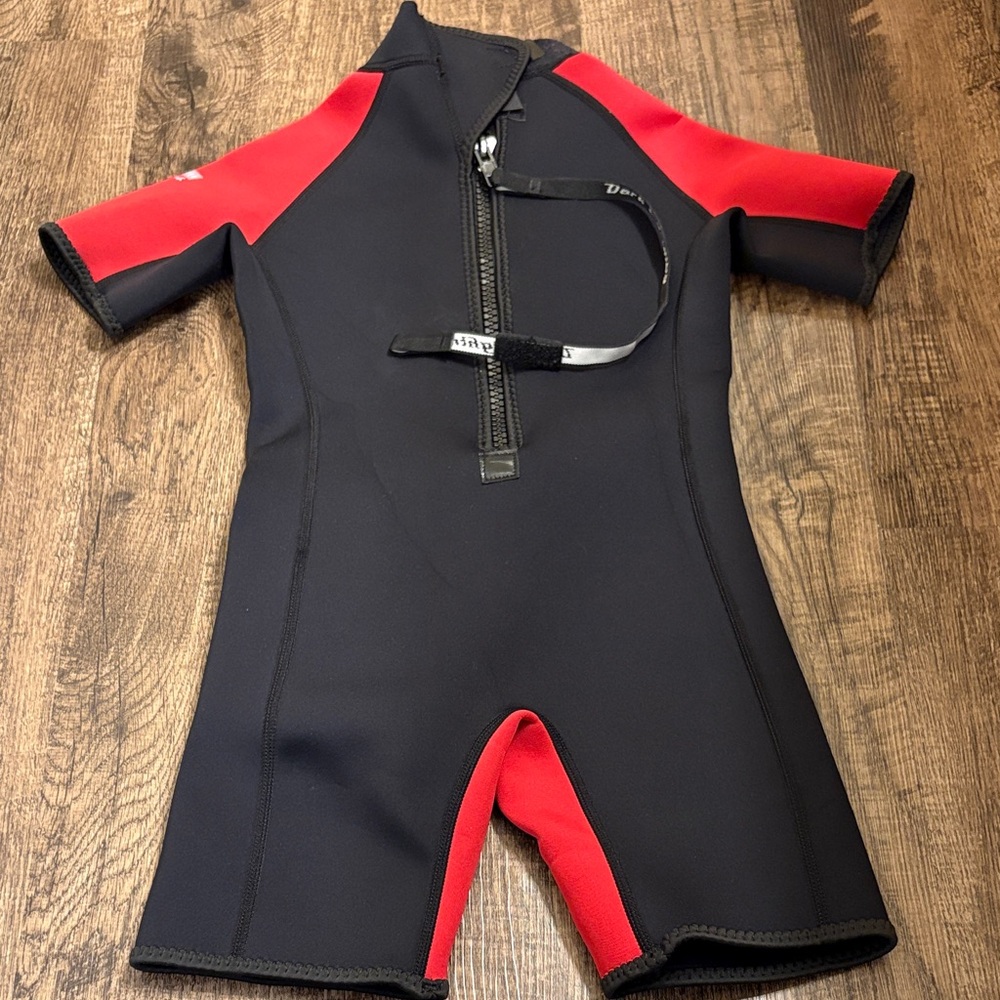 Kids Dark Lightning Black and Red Swim Wetsuit Shorty